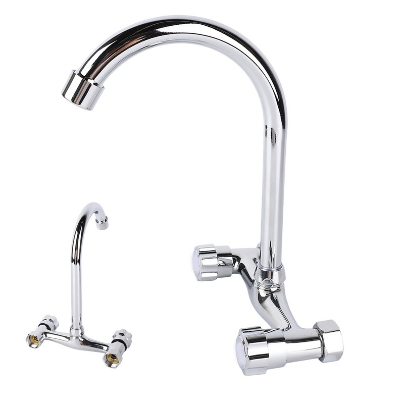 Wall Mount Kitchen Stainless Steel Smooth Surface 2 Handles Faucet