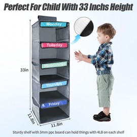 Mowouhn 5-Shelf Weekly Clothes Organizer for Kids,Day of The Week Clothes Organizer,Hanging Closet Shelves,School Cloth Organizer Day of Week,Dorm Room Essential Daily Shelf Hanging Closet Organizer