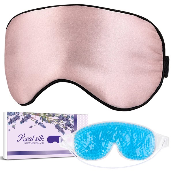 LC-dolida Silk Sleep Mask Super Smooth Eye Mask Satin Blackout Sleeping Mask with Cooling and Heated Gel Sleep Mask for Improving Dry and Puffy Eyes and Black Circles, Gift for Women Girl(Pink)