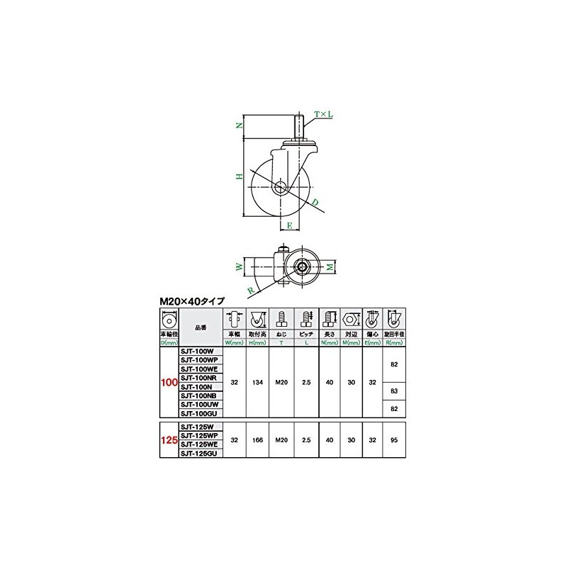 yu-ei Threaded Caster Adjustable Car 100 Diameter Rubber Wheels sjt100wpm2040