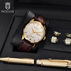 ROCOS Luxury Fully Automatic Mechanical Watch | High-End Stylish Design, Waterproof & Durable, Men's Minimalist Elegance, Showcasing Exceptional Taste:_White face with brown belt