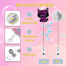 ANDGING Crazy Cat Lady Funny Cute Cat Badge Reel Holder Retractable Badge Clips Black Nursing Badge Reels Retractable for Nurses Medical Badge RN LPN CNA ID Card Badge Holder Office Accessories
