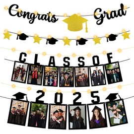 Graduation Photo Banner for 2025, Graduation Decorations Class of Photo Garland with Led Light Congratulations Picture Banner Decor College High School Grad Party Favors