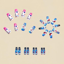 Flamingo Press on Nails Medium Square Fake Nails Blue Gradient Glue on Nails Star Stick on Nails Glossy Shiny Acrylic False Nails Full Cover Artificial Nails Reusable Nails Kit for Women Girls 24Pcs