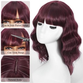 Ucubb Short Bob Wavy Wig with Bangs for Women Loose Curly Wig Look natural Shoulder Length Bob Synthetic Cosplay Wig for Girl Colorful Costume Wigs (Wine Red)