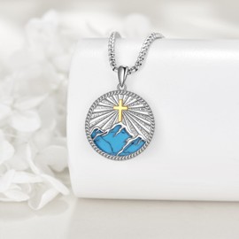 JBAERD Mountain Necklace Sterling Silver Turquoise Cross Pendant Necklace Mountain Cross Jewelry Christmas Gifts for Women Men