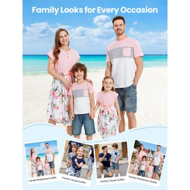 PATPAT Family Hawaiian Matching Outfits Mommy and Me Dresses Matching Set Pink Floral Printed Ruffle Dresses with Bowknot and Short Sleeve T-Shirts Set for Women S