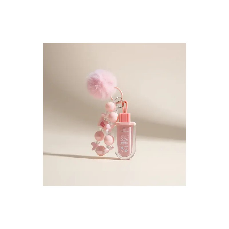 Gloss Labial Paleta Con Llavero Pompón Rosa Kawaii