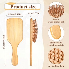 6 cepillos de pelo de bambú natural para masaje y desenredado del cuero cabelludo, cepillo de madera antiestático con mango ergonómico y cerdas de bam