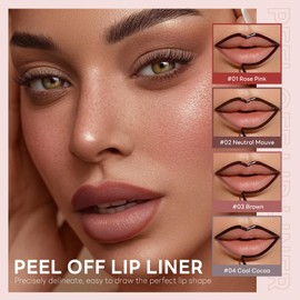 HOSAILY 4 Colors Peel Off Lip Liner Set with Fine Tip Brush, High Pigmented Long Wear Waterproof Magic Lip Stain Tattoo, Natural Matte Finish Lip Tint for Women, Non-Sticky Liquid Lipstick Lip Makeup