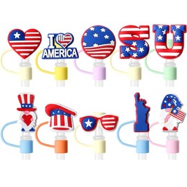 10PCS 4th of July Decorations Straw Cover Cap 10mm American Flag Silicone Straw Topper for Tumblers Dust-Proof Drinking Straw Reusable Straw Tip Cover