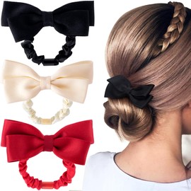 Pndeyo 3pcs Ribbon Bow Scrunchie for Women, Non-Slip Bowknot Hair Ties Band, Elastic Bow Ponytail Holder Hair Accessories for Thick Thin Curly Straight Long Hair- Black & Red & White