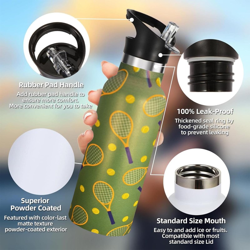 Hazlget Tennis Gifts,Tennis Water Bottle with Straw Lid Insulated Stainless