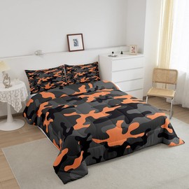 Feelyou Army Camo Bedding Set for Kids Boys,Teens Camo Comforter Set Girls Colorful Pattern Decor Lightweight Comforter Orange Black Grey Camouflage Quilt Set Bedroom Collection 3Pcs Full Size