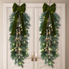 2 Pcs 36'' Christmas Teardrop Swag with Light Bell Velvet Bow Artificial Pine Needles Swag Hanging Faux Greenery Teardrop Wreath for Xmas Front Door Indoor Outdoor Home Fireplace Decor(Green)