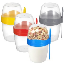 Epicover On The Go 4 PCS 22 oz Breakfast Cups with Lids and Spoon, Reusable Cereal Yogurt Cup Plastic Overnight Oats Container Oatmeal cups