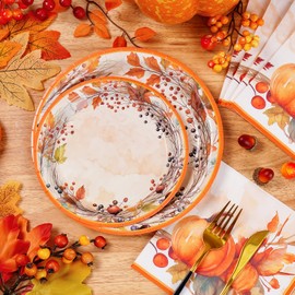 Homlouue 200 Pcs Fall Plates and Napkins Wreath Paper Plates, Thanksgiving Paper Plates for Kitchen Bathroom Decoration, Autumn Plates Disposable for Thanksgiving Fall Harvest Party, Serve 50 Guest