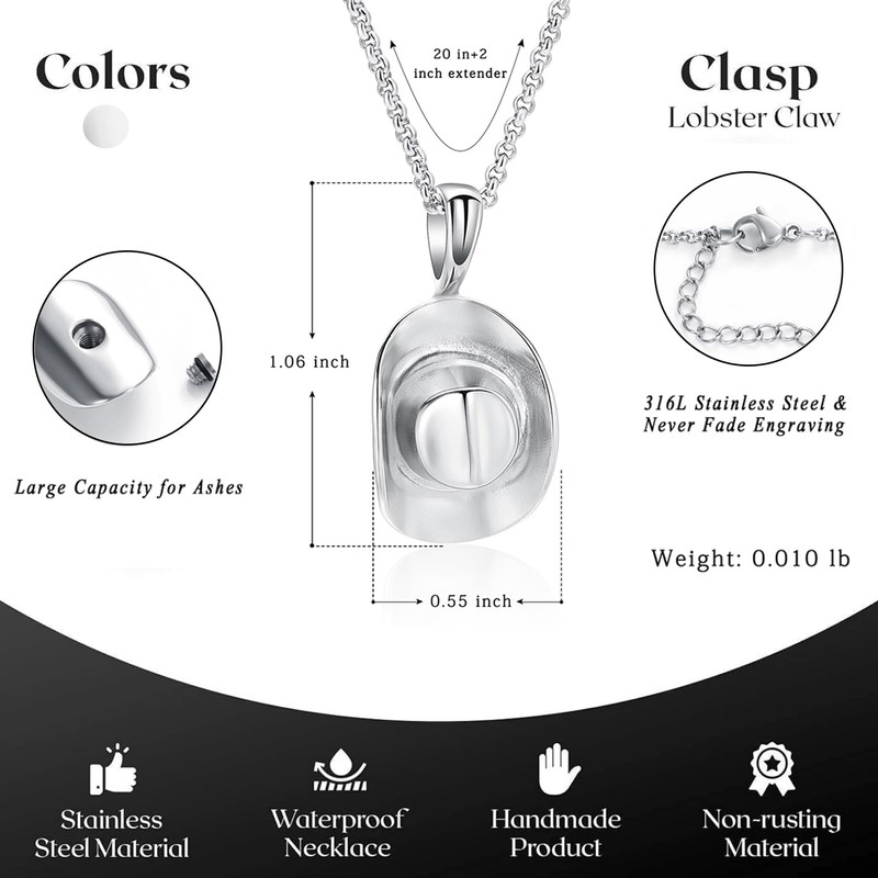 SS9721 Cowboy Hat Stainless Steel Cremation Urn Pendant Necklace Memorial