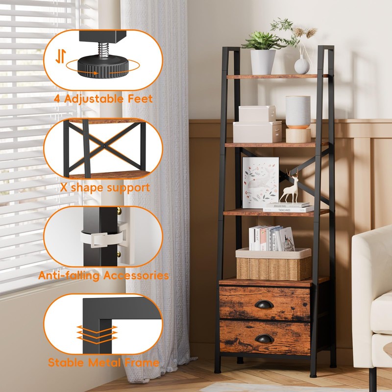 Furologee 4-Tier Ladder Shelf,Small Bookshelf with 2 Drawers,Vertical Bookcase Storage