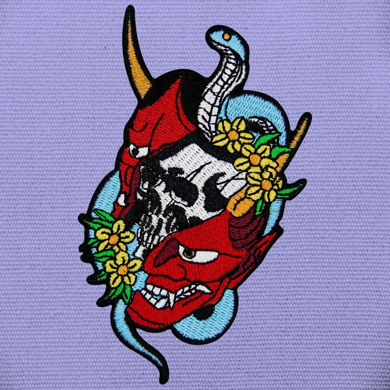 Zegin Sketch Oni Mask with Snake Patch Embroidered Applique Badge