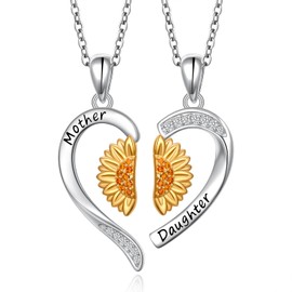 HOOHWE Mother Daughter Necklaces 925 Sterling Silver Sunflower Heart Matching Pendant Family Jewelry Mom and Daughter Gift for Mom Mothers Day Birthday Present