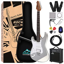 EASTROCK 39 inch Full-Size Stratocaster Electric Guitar Kit for Beginner Starter with 10w Amp, Bag, Capo, Shoulder Strap, String, Cable, Tuner, Picks. (39" Left Handed, Silver Gray)