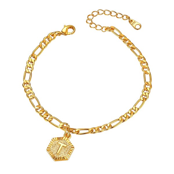 FOCALOOK Gold Initial Ankle Bracelets for Women Adjustable Flat Figaro