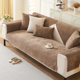tianxinbaobei Plush Sofa Cover Washable, Non-Slip Couch Covers, Pet Friendly Couch Mats, Soft Chenille Sofa Covers for Living Room(Khaki/36''x82''/4-Seater Sofa Cover)