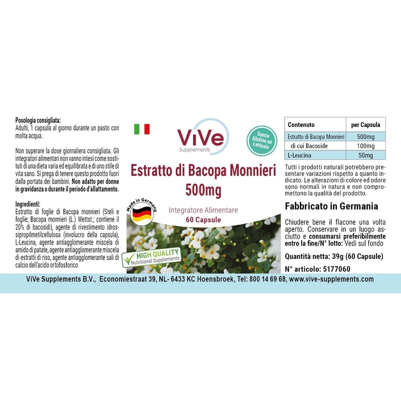 Bacopa Monnieri Extract, 500 mg, 60 Capsules, Standardised Extract, 20%