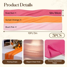 3 Pcs 10FT Sunset Table Runner Set, Pink and Orange Party Decorations Chiffon Sheer Boho Runner Cloth for Wedding Birthday Baby Bridal Shower Graduation Decor