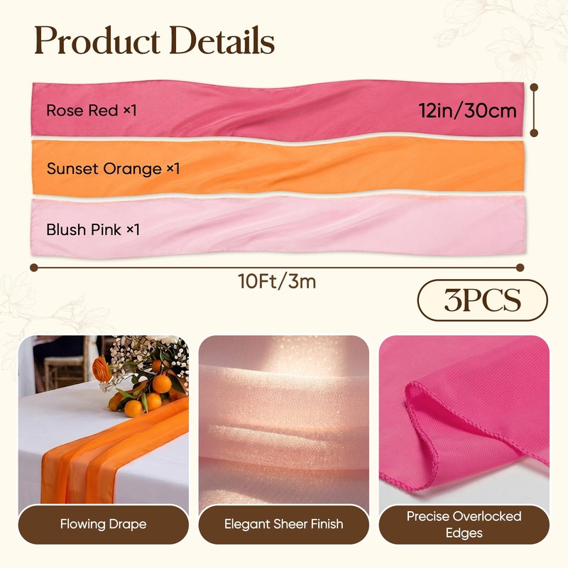 3 Pcs 10FT Sunset Table Runner Set, Pink and Orange