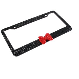 Fashion Black Frame Red Bowtie Crystal License Plate Frames,Premium US Universal Bling License Plate Holder,Waterproof Rhinestone License Plate Cover for Women(1 Frame)