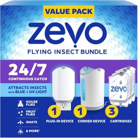 Zevo MAX Bug Catcher & Fly Trap for Indoors - Flying Insect Trap for Gnats, House & Fruit Flies - Use in Any Room - No-Mess Disposal (2 Plug in Bases & 3 Cartridges)