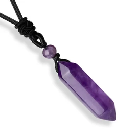 Amethyst Healing Crystal Necklace Adjustable Rope Natural Stone Point Hexagonal Tip Pendant Necklace Spiritual Reiki Quartz Gemstone Jewelry for Men Women