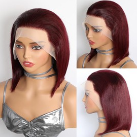 CYSDRH 13x4 Bob Wig Human Hair #99J Burgundy Lace Front Wigs for Black Women 180% Density Wear and Go Glueless Wigs Human Hair Pre Plucked Pre Cut Natural Hairline - 12 Inch Burgundy Bob Wig