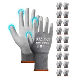 PACIFIC Work Gloves for Men and Women, Touchscreen Working Gloves, 18 Pairs Bulk Pack Mechanic Gloves, PU Coated, Mens Gardening Gloves, Lightweight, Grey, X-Large