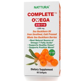 Nattura Complete Omega 3-6-7-9, Pure Sea Buckthorn Oil, European Quality, from Unrefined, Cold Pressed Whole Sea Buckthorn Wild Berries - Non-GMO, Certified Kosher, Gluten-Free 1 Bottle - 60 Capsules