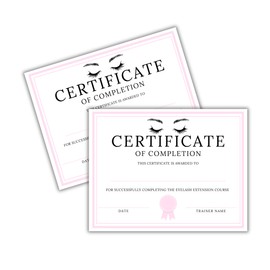 Eyelash Extension Lash Course Completion Certificate 50pk 8.5x11” Certified Artist Makeup to Frame Hours Completed Pink Instructor Presented Aftercare