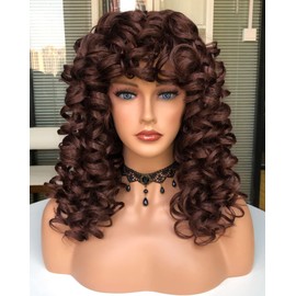 CoCrowns Curly Wig with Bangs for Black Women Long curly Shag Synthetic Hair Wigs Daily Use Cosplay 17 Inch (Brown)