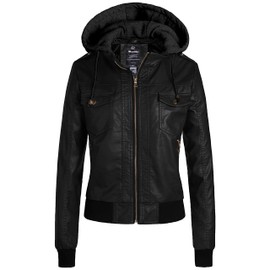 wantdo Women's Faux Leather Motorcycle Jacket with Hoodie Windbreaker Pure Black XL