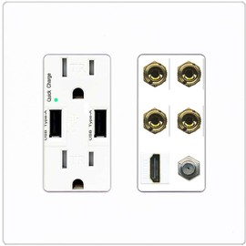RiteAV 4 Port Banana 2 Speaker Binding Post HDMI Coax Wall Plate - USB Outlet [Screwless White]