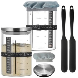 Wissy&Konny Sourdough Starter Jar,2PACK 35OZ Wide Mouth with Ounce Scale line,Date Marked Feeding Band, Thermometer, Sourdough Jar Scraper, Cloth Cover & Stainless Steel Lid Sourdough Starter Kit