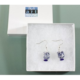 "Sophia" Little Owl Blue and White Porcelain Earrings, 1.5 Inches