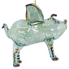 Flying Pig Ornament – Hand Blown Egyptian Glass Fire Painted, Iridescent Green