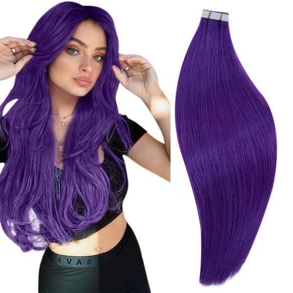 RUNATURE 18inch Purple Tape in Hair Extensions Human Hair straight Tape ins Real Extensions Colorful Glue in Hair Extesnions Skin Weft Tape on Real Human Hair Extensions 25g 10pcs