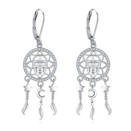 ONEFINITY Dream Catcher Earrings 925 Sterling Silver Skull Dream Catcher Earrings Feather Dream Catcher Dangle Drop Earrings For Women