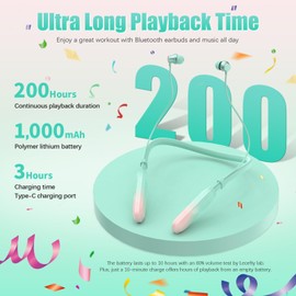 Neckband Bluetooth Headphones, 200H Extra Long Playtime Wireless Stereo Neckband Earbuds with Microphone, Waterproof Balanced Armature Drivers in Ear Headset for Sports/Workout (Pinkish Green)