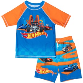Hot Wheels Little Boys UPF 50+ Pullover Rash Guard Swim Trunks Outfit Set Blue 7-8