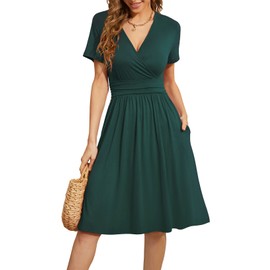 WEACZZY Casual Tshirt Dresses for Women V Neck Business Formal Teacher Dress Empire Waist Flowy A-Line Dresses, Dark Green, Medium