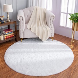 LOCHAS Round Area Rugs Super Soft Living Room Bedroom Home Shaggy Carpet 4-Feet, White
